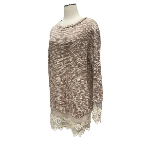 Brown Knit Tunic Top - Sheer Lace Hemline Boho Chic Cottagecore Retro Feminine - Picture 5 of 7